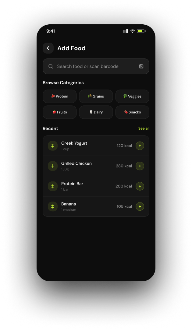 The Add Food screen: a search bar with barcode scan, six category chips and recent foods, each with a one-tap add button.