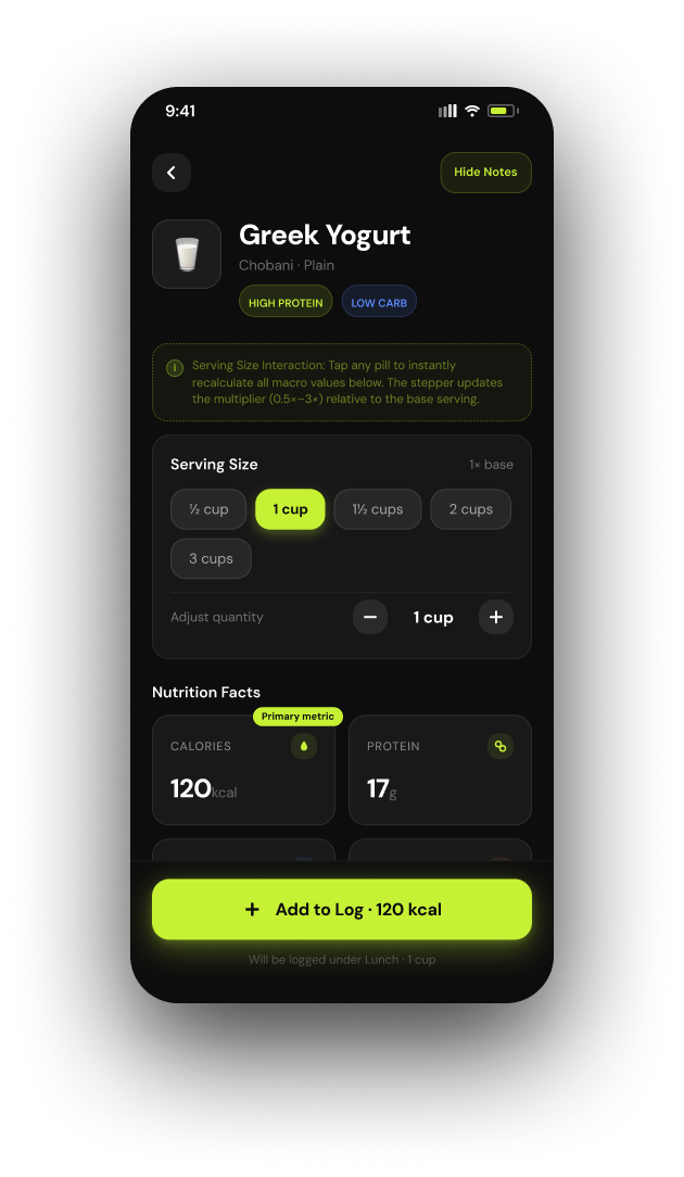 The Greek Yogurt detail screen: serving size pills from ½ cup to 3 cups with a stepper, nutrition facts, and an Add to Log · 120 kcal button.